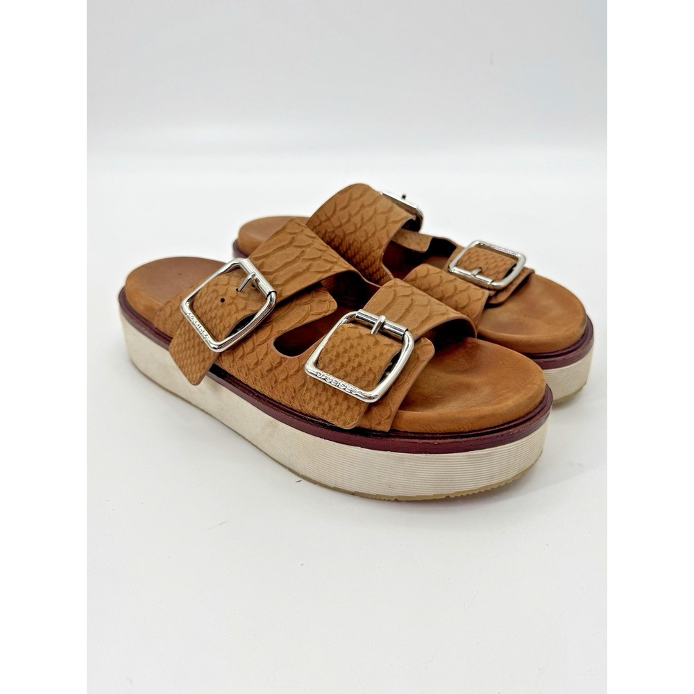 J/slides Bowie Chunky Platform Sandal 10 Dual Buckle Tan Embossed Leather Straps